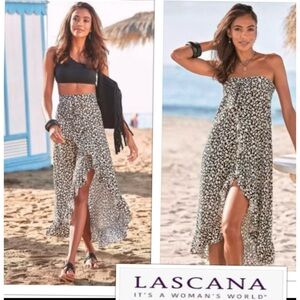 Lascana Wrap Convertible Midi Skirt Black Beige Ruffle Hem High Low 14 Boho